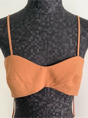 Bardot satin cropped bustier or bralette top in a copper caramel bronze hue